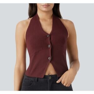 Halara Sweater Vest Size XL Burgundy Fitted Knit Halter Top Button Front Crop